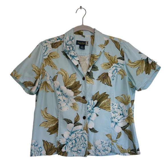 Sugar Reef Women's Multicolor Short Sleeve Hawaiian Style Floral Blouse - Sz M - Picture 1 of 5